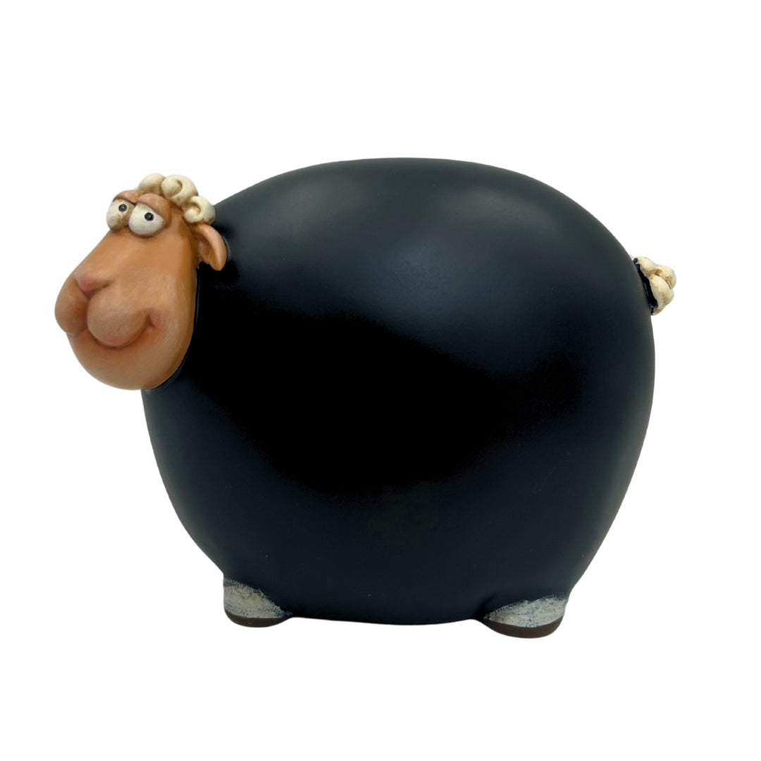 Sheep Piggy Bank with Chalkboard Paint and Customizable Engraving - Black with Beige and White Elements, Height 19.5 cm