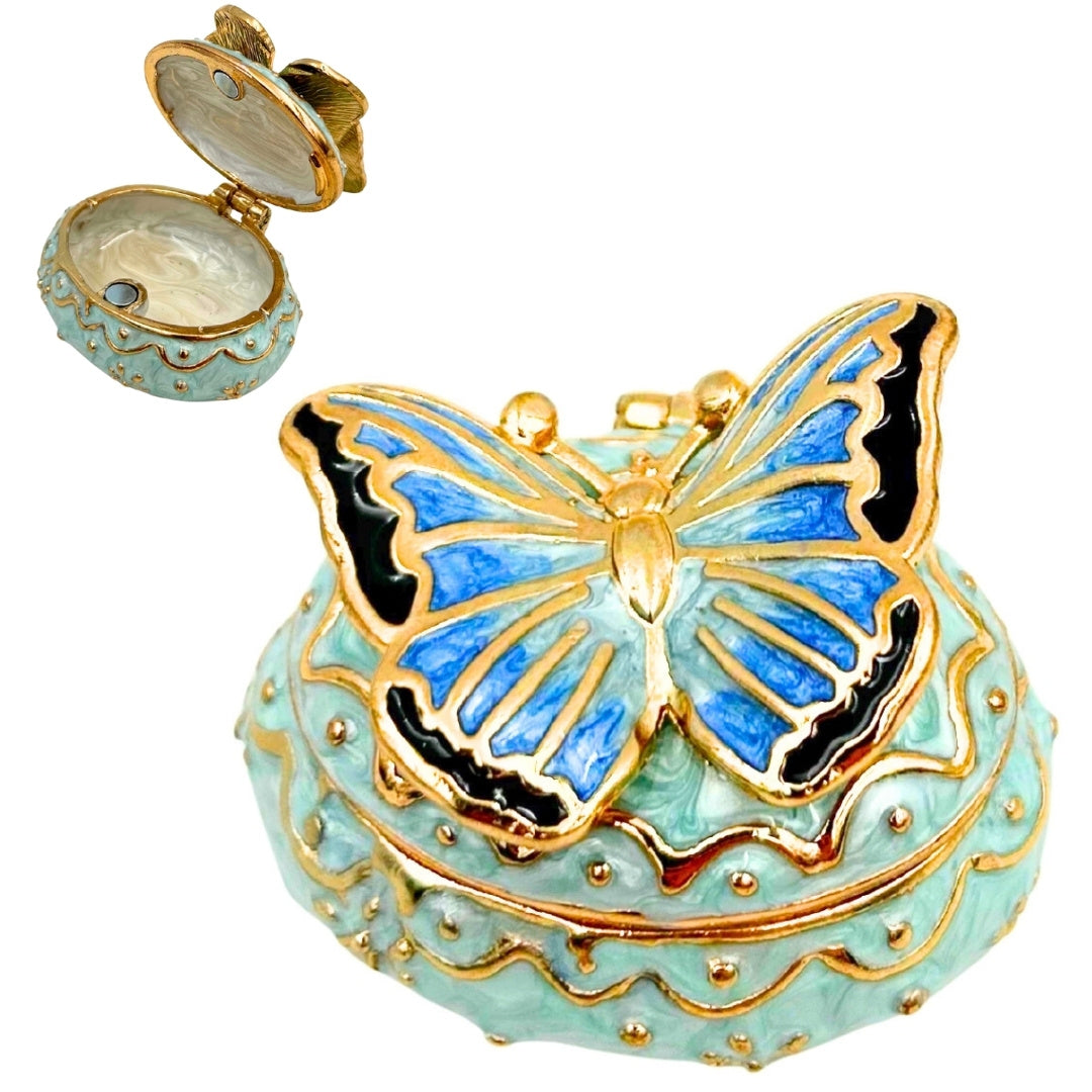 Exclusive Butterfly Jewelry Box with Crystals, Personalized Engraving, White and Gold, 3.5 cm Height