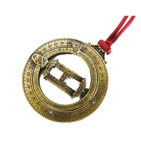 Miniaturowy zegar słoneczny H90 z pierścieniami astronomicznymi, personalizowany grawer, idealny prezent, bordowe zawiesie, wykonanie ze znalu i mosiądzu, średnica 45mm