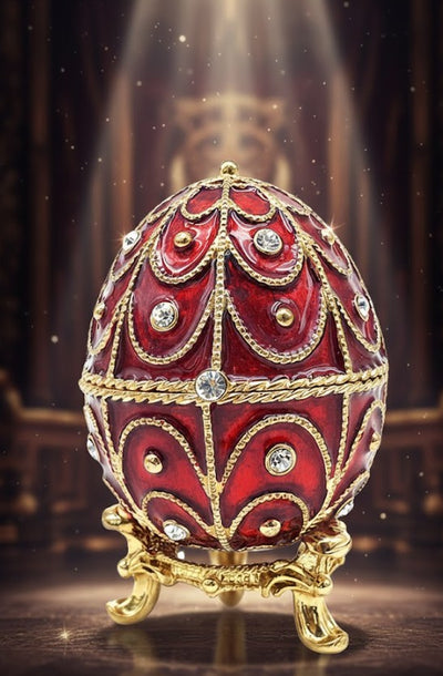 Exclusive metal Fabergé jewelry box with crystals in red and gold, customizable engraving, perfect as a gift, dimensions 5.5x6.5 cm