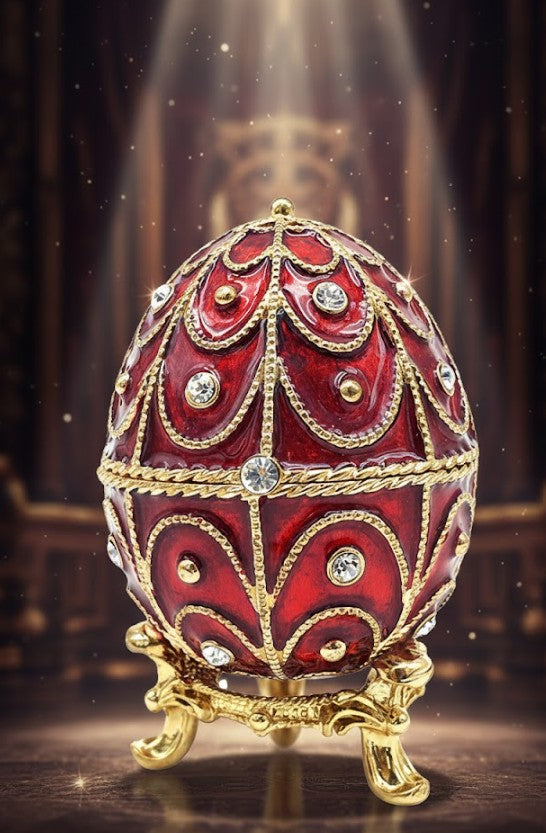 Exclusive metal Fabergé jewelry box with crystals in red and gold, customizable engraving, perfect as a gift, dimensions 5.5x6.5 cm