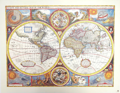 Retro World Map with Engraving - Personalized Gift Decoration - Reprint of John Speed from 1651 - Dimensions 52 x 39 cm - Colorful and Detailed Graphic
