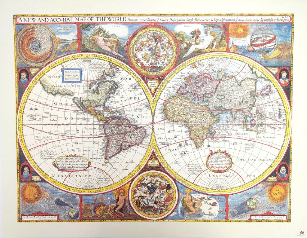 Retro World Map with Engraving - Personalized Gift Decoration - Reprint of John Speed from 1651 - Dimensions 52 x 39 cm - Colorful and Detailed Graphic