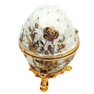 Exclusive Fabergé Egg Metal Jewelry Box with Crystals in White and Gold with Engraving Personalization Option