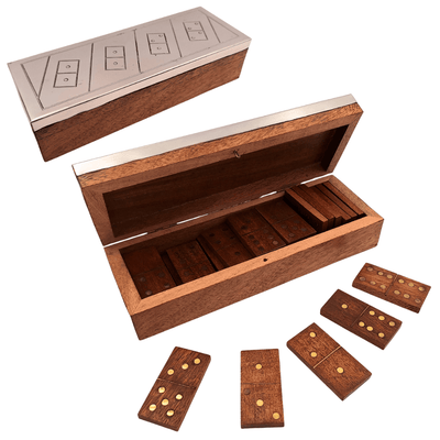 Eleganckie Domino w Drewnianym Pudełku z Aluminiowym Topem