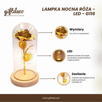 Lampka nocna Róża LED z możliwością personalizacji grawerem, romantyczny prezent, wysokość 21,5 cm, delikatne światło, idealna dekoracja do sypialni