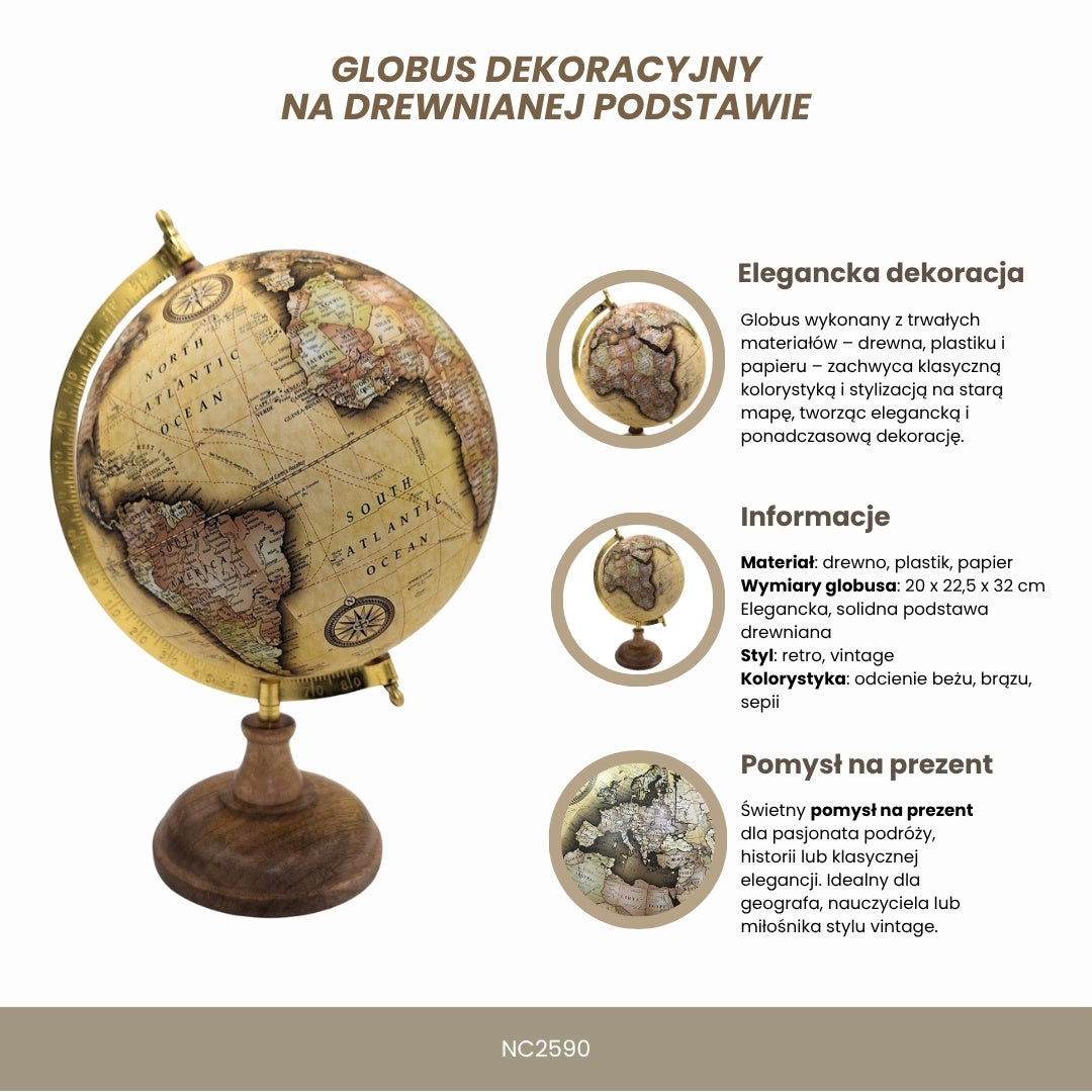 Stylowy Globus Dekoracyjny Retro na Drewnianej Podstawie 32 cm z Możliwością Personalizacji Grawerem