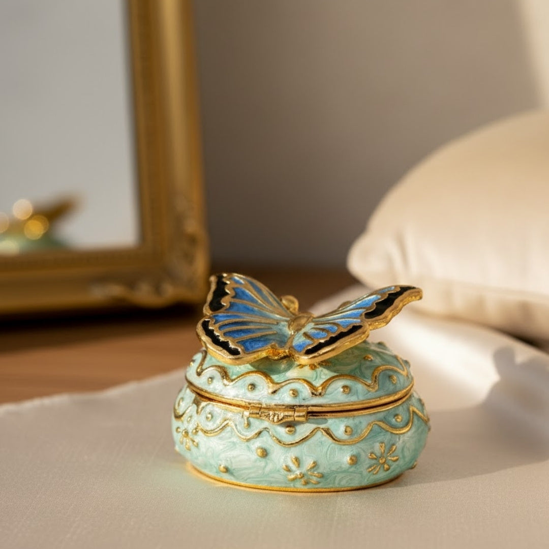 Exclusive Butterfly Jewelry Box with Crystals, Personalized Engraving, White and Gold, 3.5 cm Height