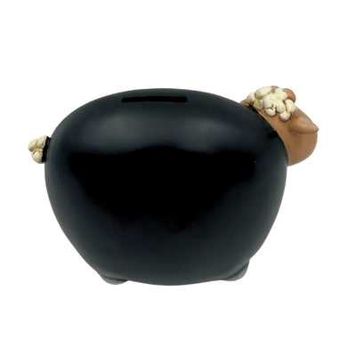 Sheep Piggy Bank with Chalkboard Paint and Customizable Engraving - Black with Beige and White Elements, Height 19.5 cm