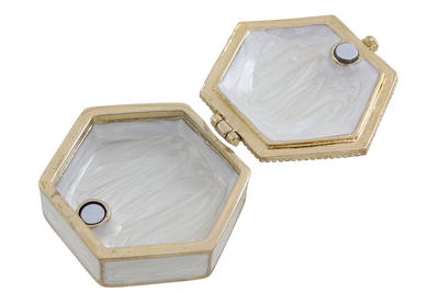 Elegant metal gift box with crystals B0035-08WH, white and gold, customizable engraving, perfect for jewelry and small items, 5x5x2 cm