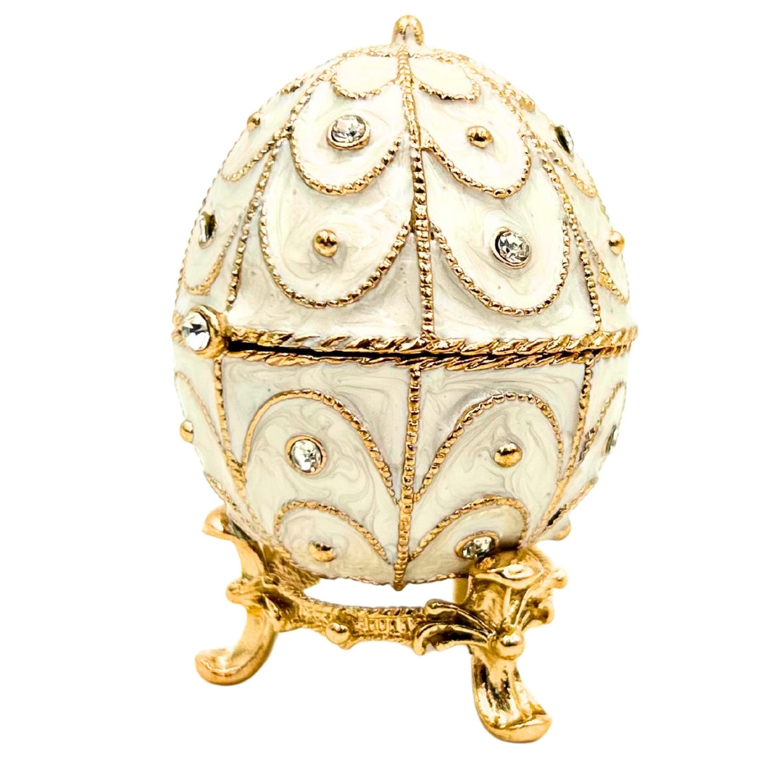 Exclusive Fabergé Egg Metal Jewelry Box with Crystals in White and Gold with Engraving Personalization Option