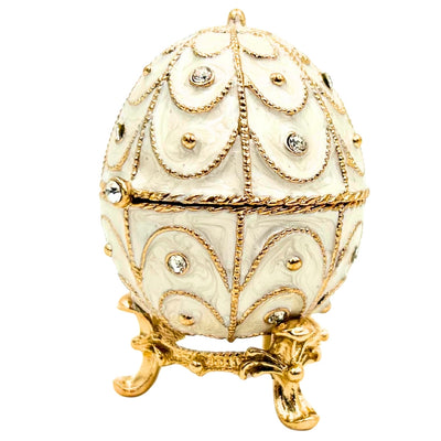 Exclusive Fabergé Egg Metal Jewelry Box with Crystals in White and Gold with Engraving Personalization Option