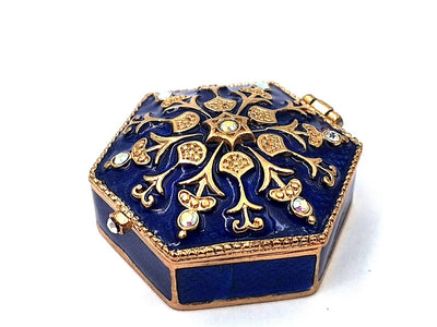 Elegant metal gift box with crystals B0035-08BL in navy blue and gold color scheme with customizable engraving