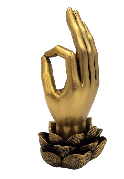 Złota Figurka Dłoń Buddy Mudra OM z Grawerem - Elegancka Dekoracja na Prezent - Kwiat Lotosu, 21cm, Polyresin, Styl Glamour