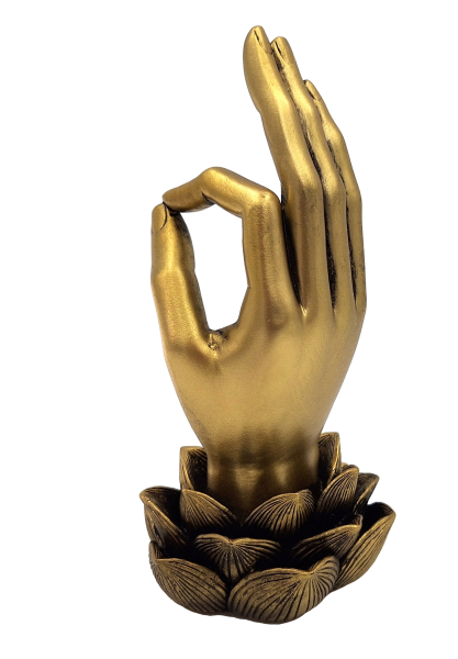Złota Figurka Dłoń Buddy Mudra OM z Grawerem - Elegancka Dekoracja na Prezent - Kwiat Lotosu, 21cm, Polyresin, Styl Glamour