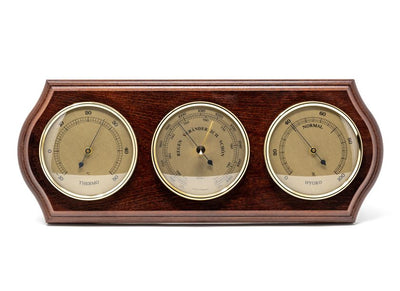 Stație meteo Fischer 9176-22 cu barometru, higrometru și termometru în ramă din alamă pe bază din mahon, cu opțiune de personalizare prin gravură