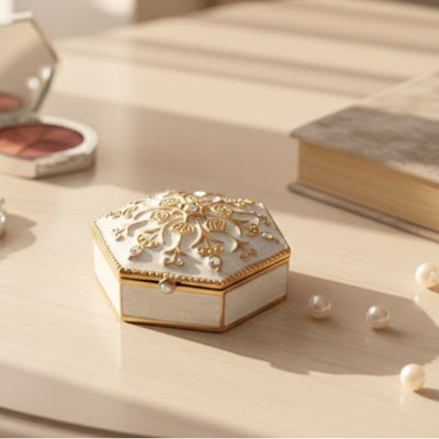 Elegant metal gift box with crystals B0035-08WH, white and gold, customizable engraving, perfect for jewelry and small items, 5x5x2 cm