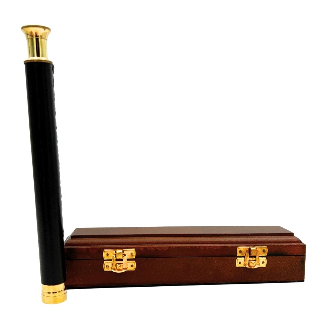 Brass and Leather Telescope with Personalized Engraving in Wooden Box