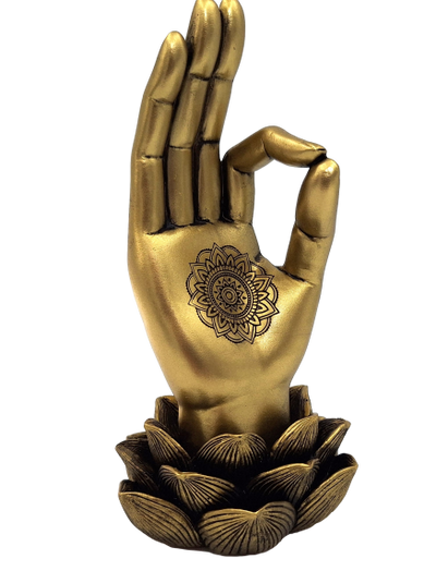 Złota Figurka Dłoń Buddy Mudra OM z Grawerem - Elegancka Dekoracja na Prezent - Kwiat Lotosu, 21cm, Polyresin, Styl Glamour
