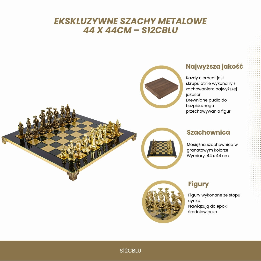Ексклюзивні металеві шахи з латунною шахівницею 44 x 44 см – середньовічні фігури з можливістю персоналізації гравіюванням