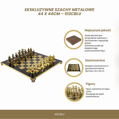 Ексклюзивні металеві шахи з латунною шахівницею 44 x 44 см – середньовічні фігури з можливістю персоналізації гравіюванням