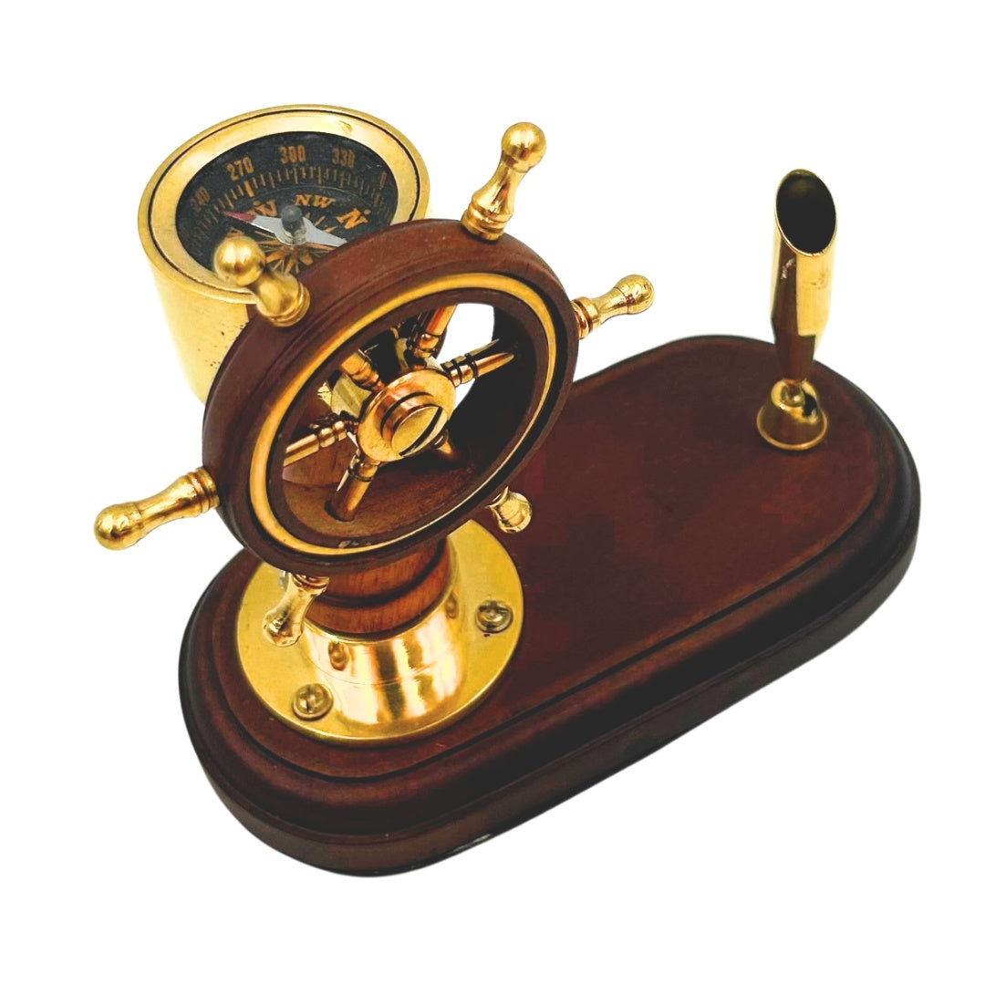 Elegant Desk Set with Ship's Wheel and Compass with Pen Holder – Wood and Brass – Personalized Engraving – Perfect Gift for a Sailor – Height 14.5 cm