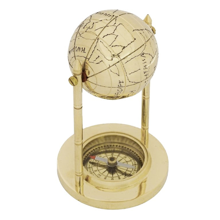Decorative Brass Globe with Compass and Personalized Engraving Option, Golden, Height 12.5 cm