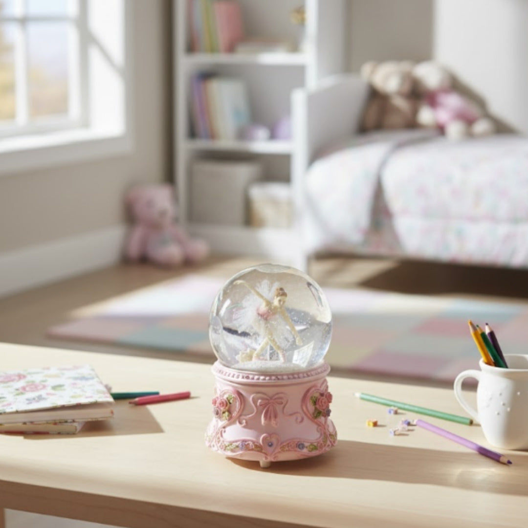 Tańcząca Baletnica w Szklanej Kuli 15cm z Personalizowanym Grawerem - Elegancka Pozytywka z Pastelową Podstawą i Melodią Jezioro Łabędzie