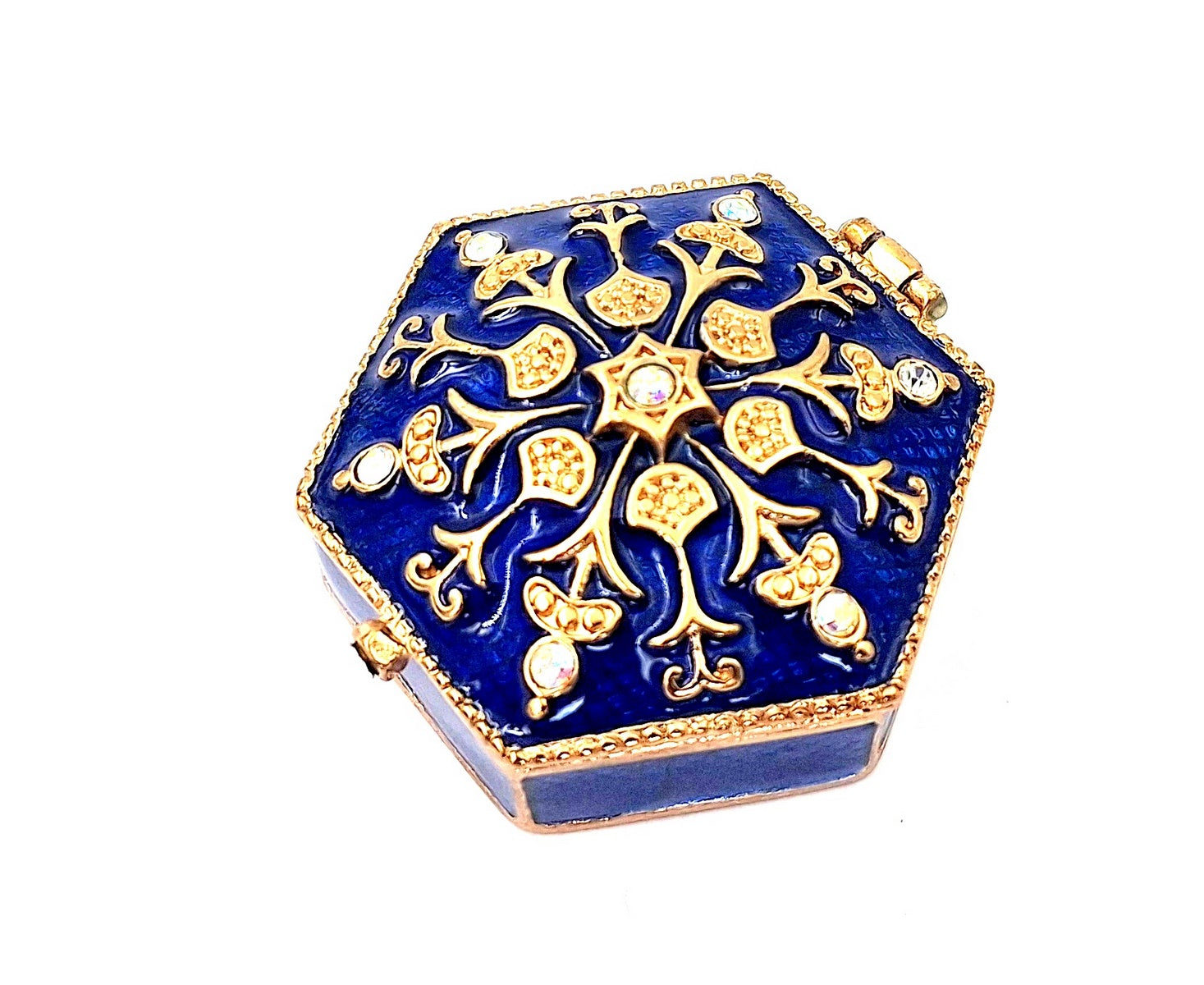 Elegant metal gift box with crystals B0035-08BL in navy blue and gold color scheme with customizable engraving