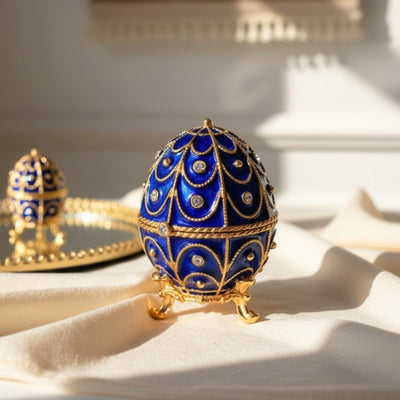 Exclusive metal jewelry box with crystals in the shape of a Fabergé egg, navy blue and gold, 5.5x6.5 cm with customizable engraving