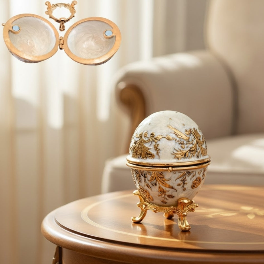 Exclusive Fabergé Egg Metal Jewelry Box with Crystals in White and Gold with Engraving Personalization Option