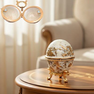 Exclusive Fabergé Egg Metal Jewelry Box with Crystals in White and Gold with Engraving Personalization Option