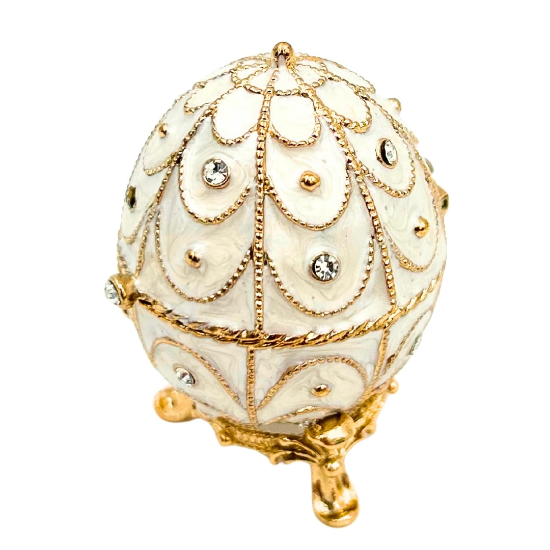 Exclusive Fabergé Egg Metal Jewelry Box with Crystals in White and Gold with Engraving Personalization Option