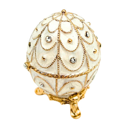 Exclusive Fabergé Egg Metal Jewelry Box with Crystals in White and Gold with Engraving Personalization Option