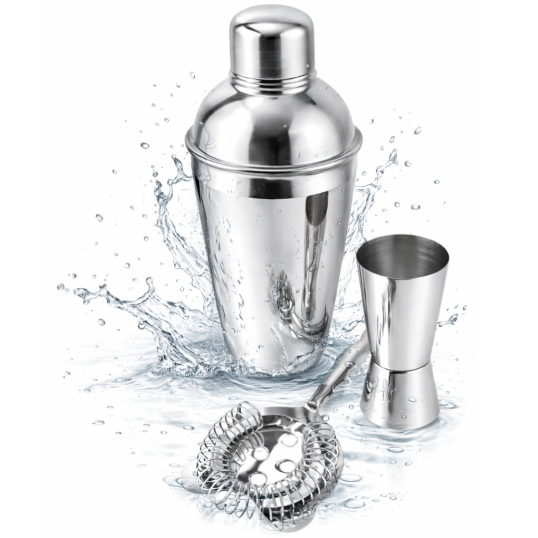 Barmanská sada Steel 3 díly s možností personalizace gravírováním - Shaker 750 ml, Jigger 15/30 ml, Strainer - elegantní dárek pro milovníky drinků, nerezová ocel, stříbrná barva