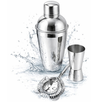 Steel Bartender Set 3 pieces with customizable engraving - Shaker 750 ml, Jigger 15/30 ml, Strainer - elegant gift for cocktail lovers, stainless steel, silver color
