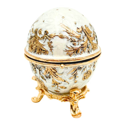 Exclusive Fabergé Egg Metal Jewelry Box with Crystals in White and Gold with Engraving Personalization Option