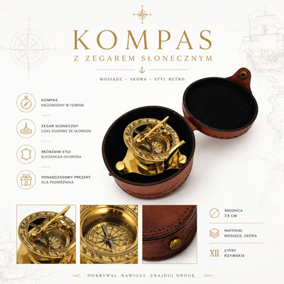 Mosazný kompas se slunečními hodinami v koženém pouzdře s možností personalizace gravírováním