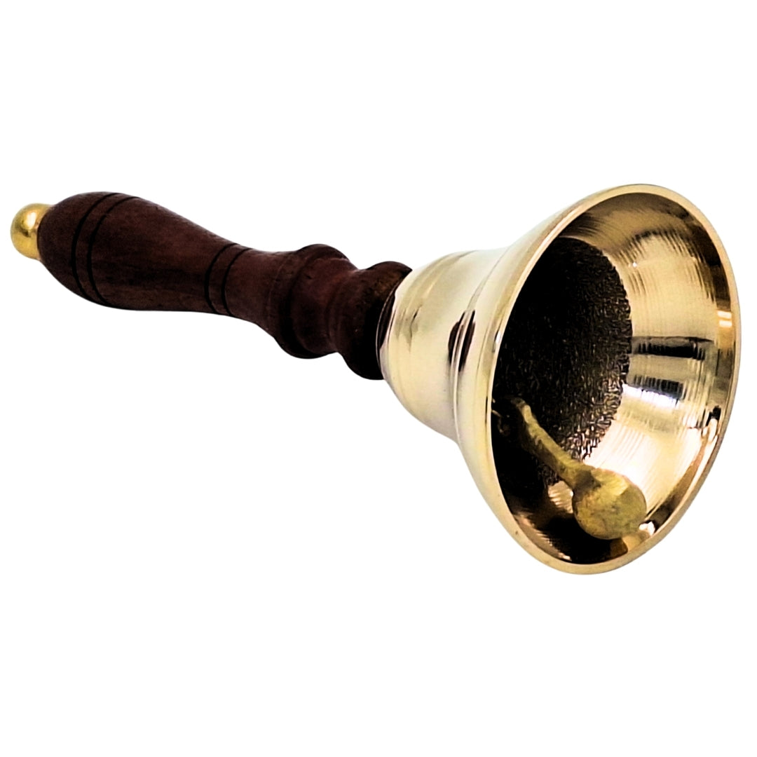 Brass Hand Bell with Wooden Handle in Retro Style – Personalized Engraving, Perfect Gift – Height 16 cm, Diameter 7.5 cm, Gold and Brown