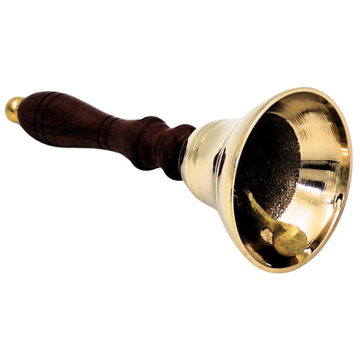 Clopoțel manual din alamă cu mâner din lemn, în stil retro – gravură personalizată, ideal pentru cadou – înălțime 16 cm, diametru 7,5 cm, auriu și maro