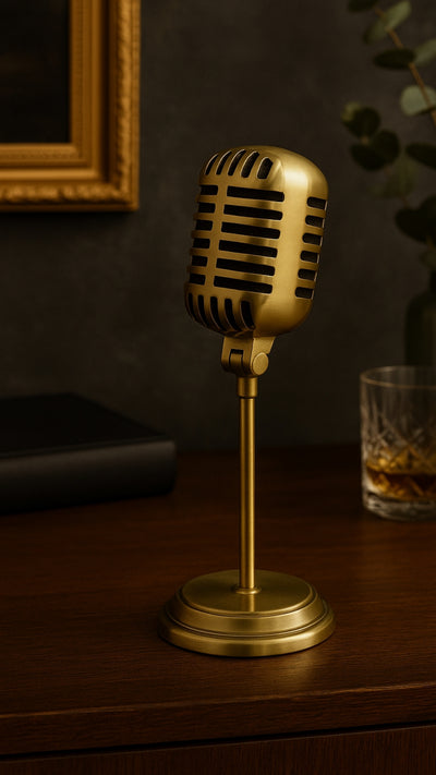 Statuetka retro mikrofon s možností personalizace gravírováním, zlatá, 25 cm