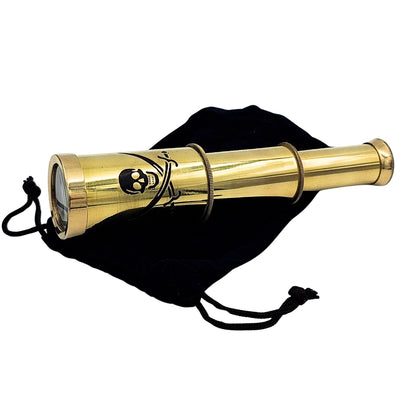 Lunetă de pirat cu emblemă – lunetă pliabilă din alamă cu gravură – cadou ideal pentru tânărul explorator al mărilor – înălțime 15 cm, set cu săculeț din catifea