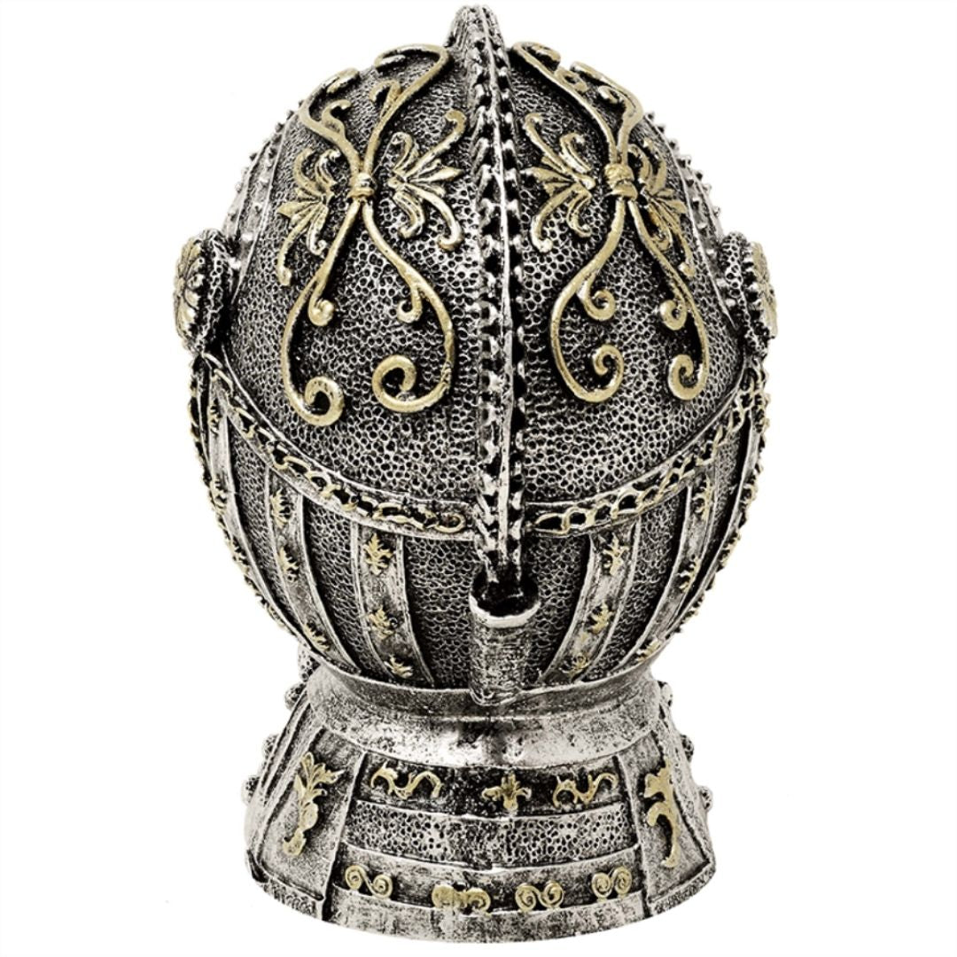 Decorative Knight's Helmet Money Box with Engraving – Antique Silver, 13 cm