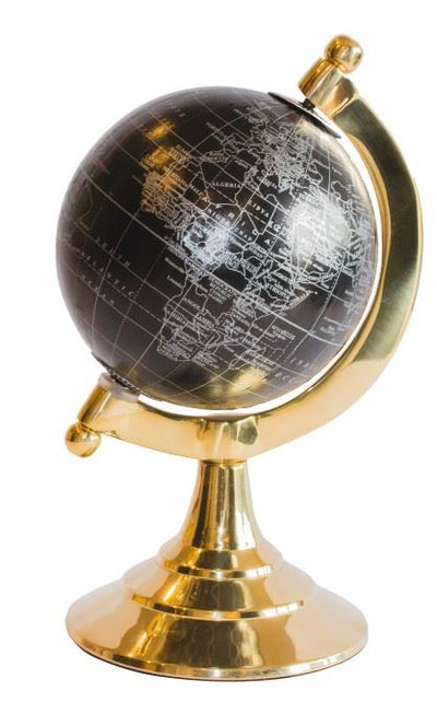 Glob decorativ Black & Gold, cu posibilitate de personalizare a gravurii – accesoriu elegant pentru cadou, înălțime 20 cm, bază din alamă, hartă neagră cu inscripții argintii