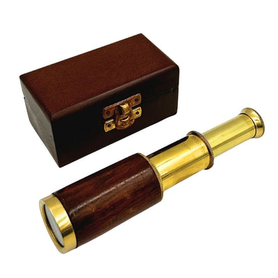 Brass Telescope with Engraving in Wooden Box – Elegant Retro-Style Gift, Perfect for Office or Study Decoration, Height 15.5 cm, Material: Brass and Wood