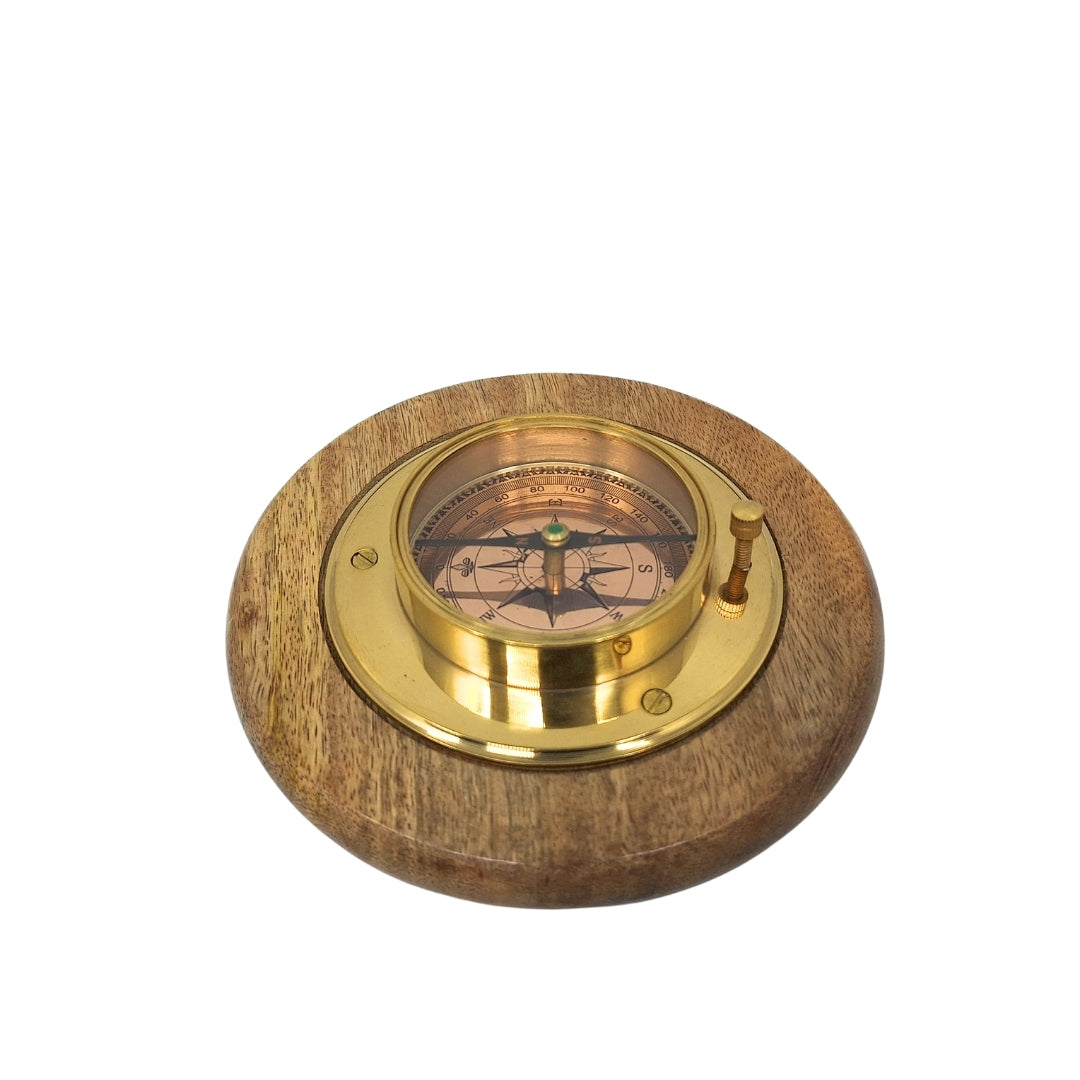 Elegant Decorative Compass with Brass Finish, Personalized Engraving, 15 cm, Perfect Gift for Travel Lovers, Made of Wood and Glass