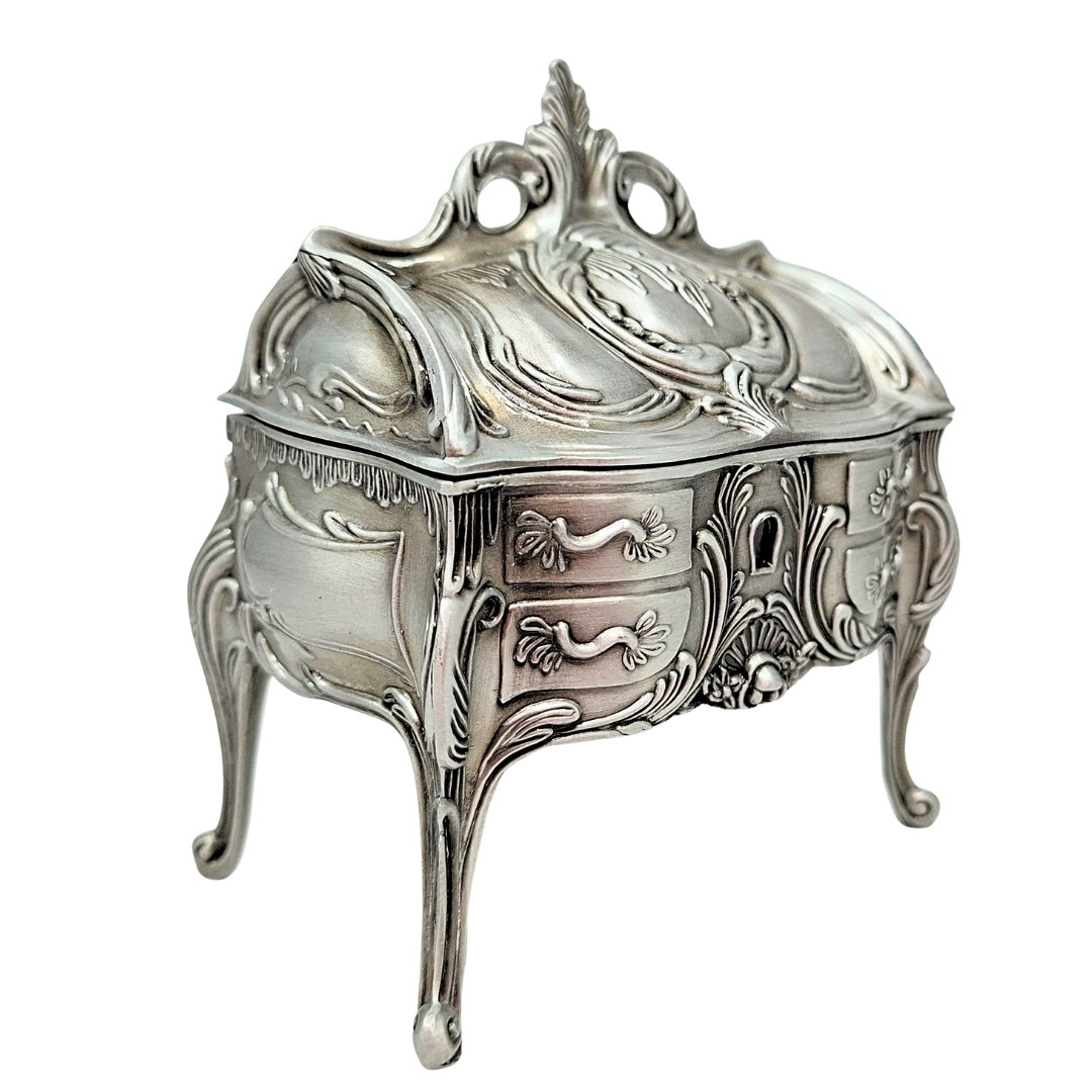Silver Retro Metal Jewelry Box 2056M with Engraving Option - Elegant Gift for Mother's Day or Birthday, Dimensions 9.7 x 10 x 6.7 cm, Rococo Style with Floral Ornaments