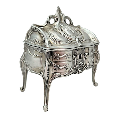 Silver Retro Metal Jewelry Box 2056M with Engraving Option - Elegant Gift for Mother's Day or Birthday, Dimensions 9.7 x 10 x 6.7 cm, Rococo Style with Floral Ornaments