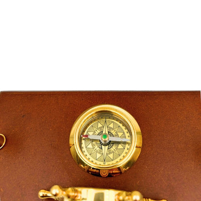 Nautical Desk Set with Engraving – Ship's Wheel, Compass, Pen Holders Made of Polished Wood and Brass