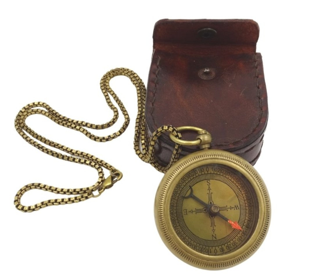 Stylish brass compass with chain in a leather case